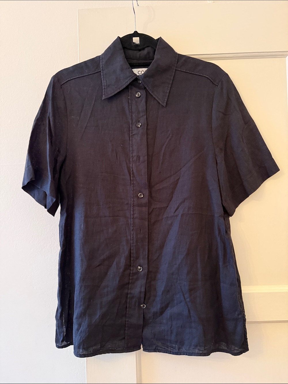 COS Linen Short-Sleeve Button-Down Shirt - navy